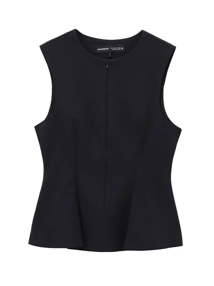 TFMLN 2025 Summer Women Solid Zipper Tops Vintage Causal Sleeveless O Neck Tank T Shirt Fashion Pleated Vest High Street Top