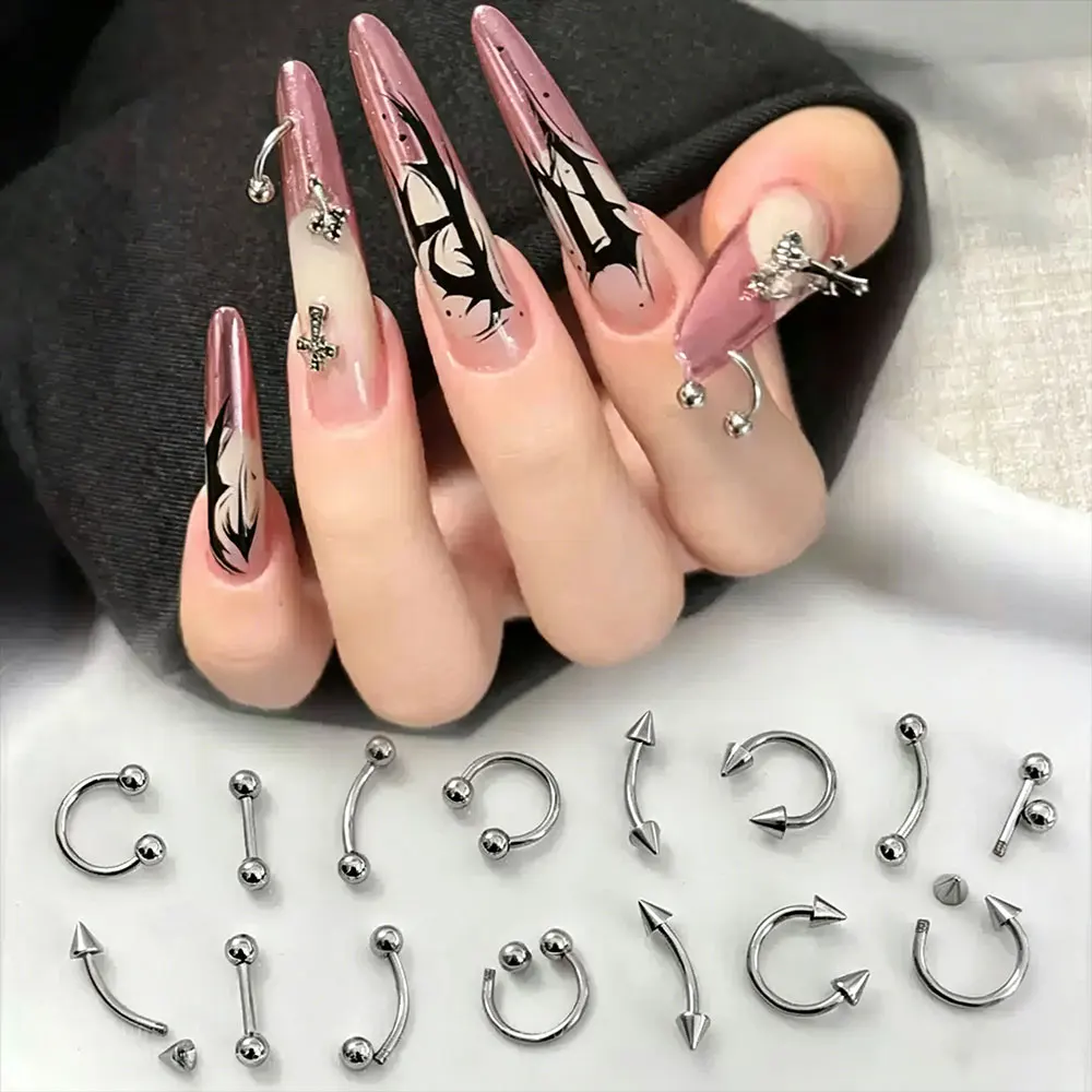 10pcs Punk Gothic Metal Nail Piercing Charms Horseshoe C Ring Arrow Cone Ball Rivets Nail Decoration Detachable Screw Nail Studs