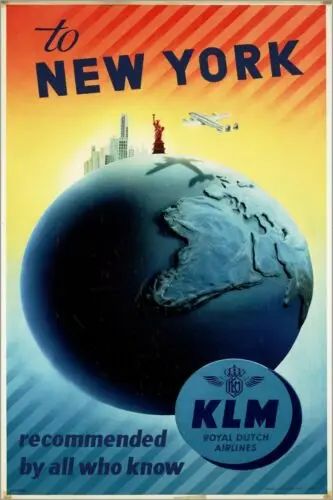 New York KLM Airline Travel Advert Retro Style Metal wall sign plaque, holiday sign