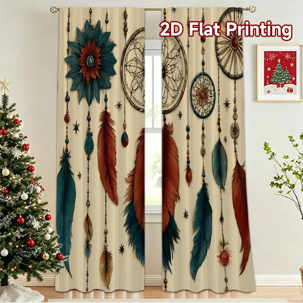2D flat 2pcs Curtain Retro Country Style Boho Dreamcatcher Feathers Digitally printed polyester Birthday Party Use for Holiday