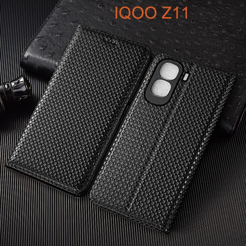 Grass Mat Genuine Leather Flip Case For IQOO Z11 Turbo Z11X Phone Cover Card Cases Scratch Proof