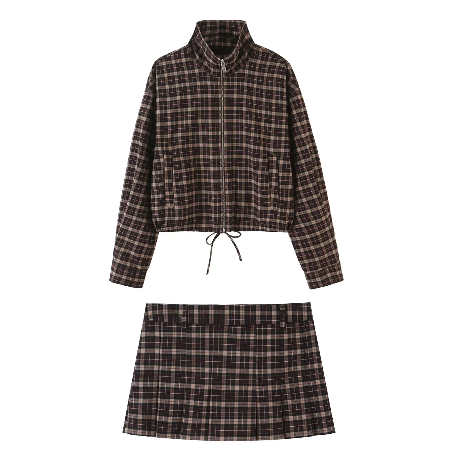 KONDALA Damen Vintage Lässiger Karierter Minirock-Anzug 2026 Herbst Trendiges Klassisches Retro-Set mit Stehkragen-Jacke und Weitgefalteten Culottes – Detail 4
