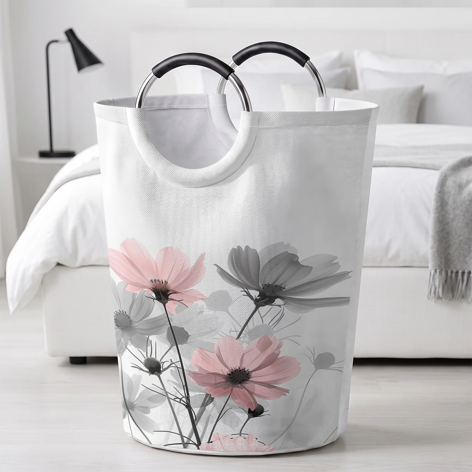Pink Gray Cosmos Flower Print Handheld Storage Basket, For Laundry, Bedroom & Home Sundries Storage