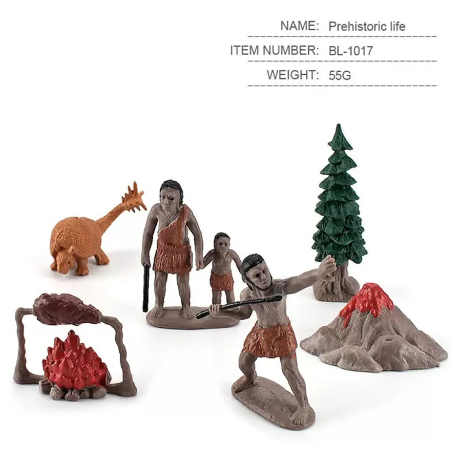 6PC-Prehistorische Mensen Leven Scène Menselijke Evolutie Wilde Sabeltandige Tijger Mammoet Dieren Model Actiefiguren Collectie speelgoed