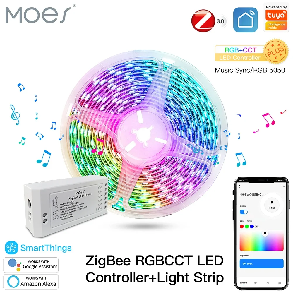 Zigbee led controlador de faixa de luz rgb cct dimmer música tuya sync controle de aplicativo inteligente com alexa google smartthings controle remoto