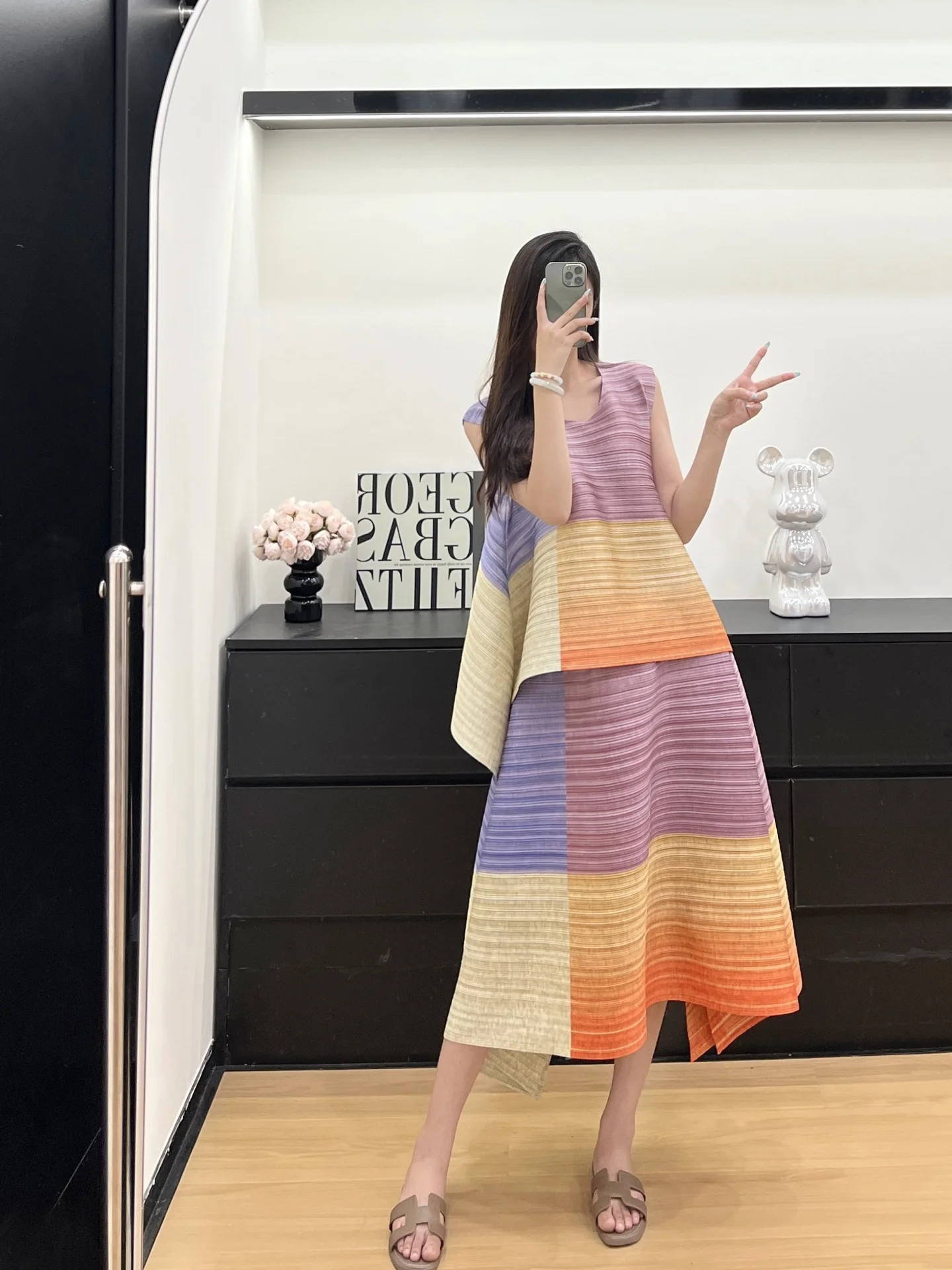 

Women Large Size Suit Round Neck Sleeveless Colour Blocking T-shirt High Waist Casual Retro Printing Skirt 2025 Summer Female