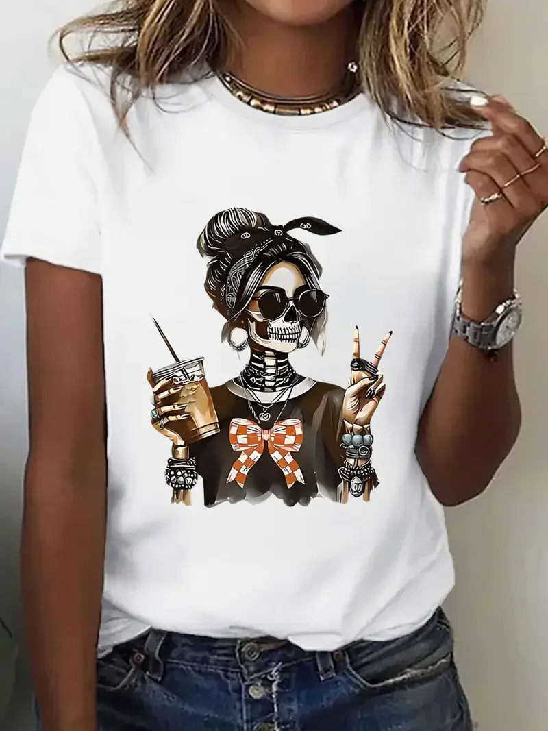 Women's Halloween Skeleton Graphic Print T-Shirt Skull Printed Short Sleeve T Shirt Clothing Top Tee Summer Ladies Girls Shirt
