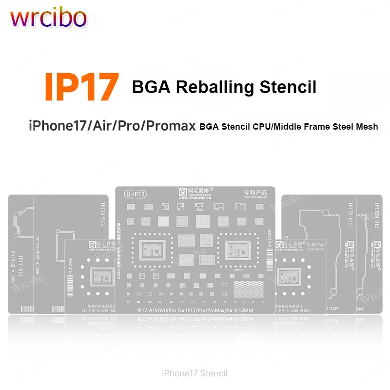

AMAOE BGA Reballing Stencil Kit for iPhone 17/17 Pro Max/Air Middle Frame+A19/A19 Pro CPU Solder Steel Mesh Tin Template Tool