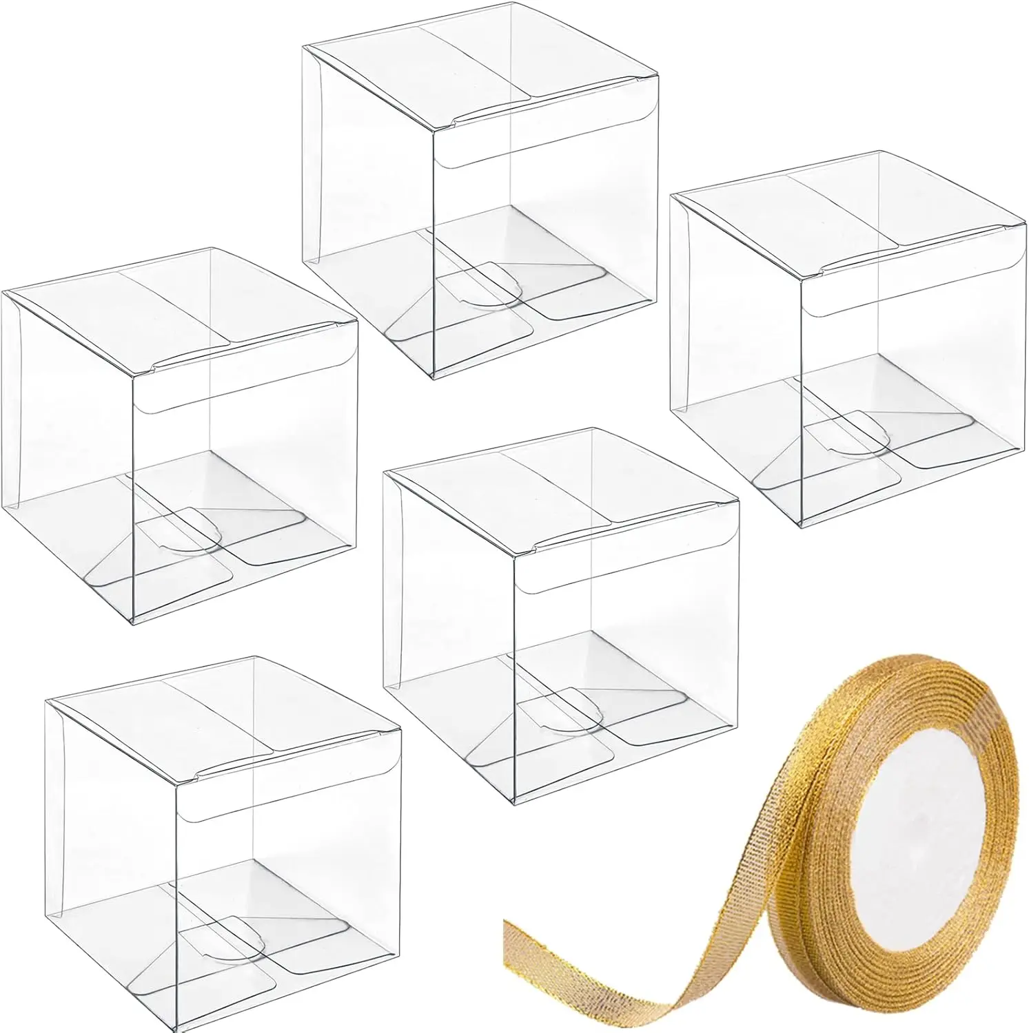 

Clear Favor Boxes 3x3x3 Inches with Gold Ribbons 30 PCS Transparent Plastic Cube Gift Packaging for Party Favors Treats