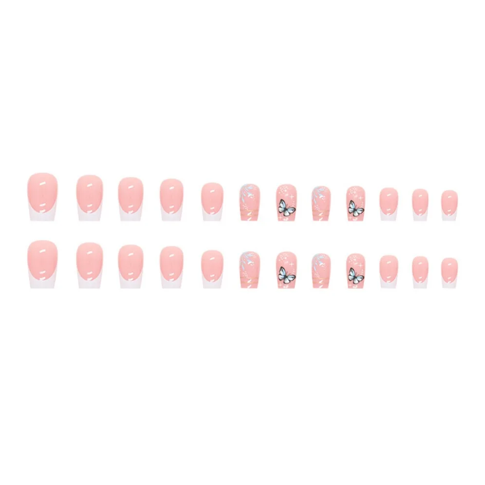 24Pcs White French Square Head Nail Art Fake Nails Artificial Acrylic Butterfly False Nail Finished Removable Press On Nails Set