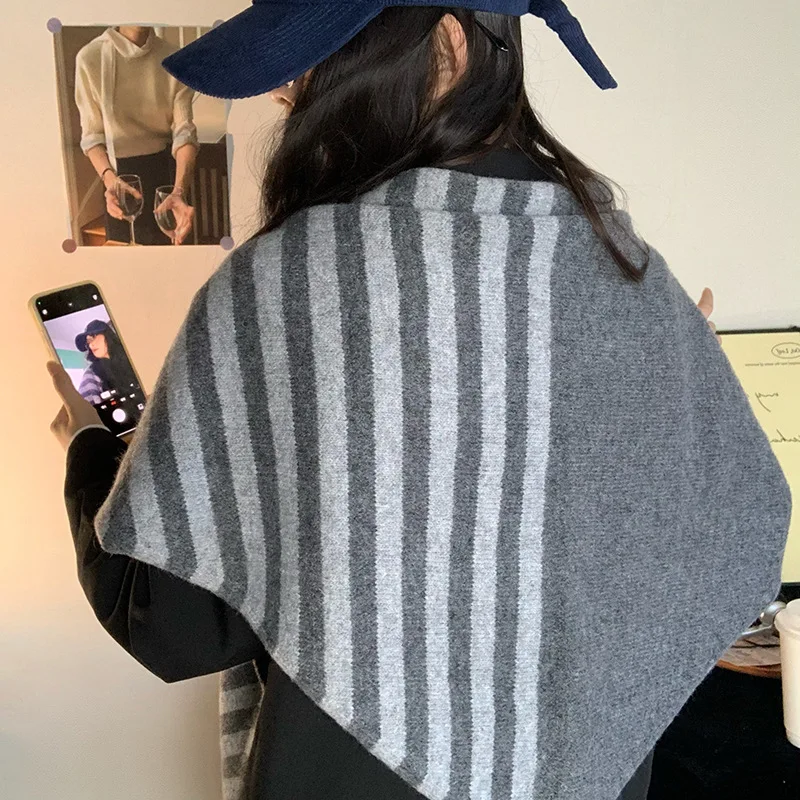 محبوك 2025 الخريف/الشتاء جديد مخطط مثلث وشاح دافئ محبوك حماية الرقبة شال #6