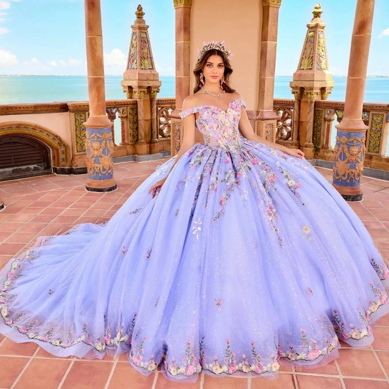 

Lorencia Lavender Shiny Quinceanera Dress Ball Gown Beaded Off Shoulder 3D Flowers Appliques Sweet 16 Vestidos De 15 Años YQD636