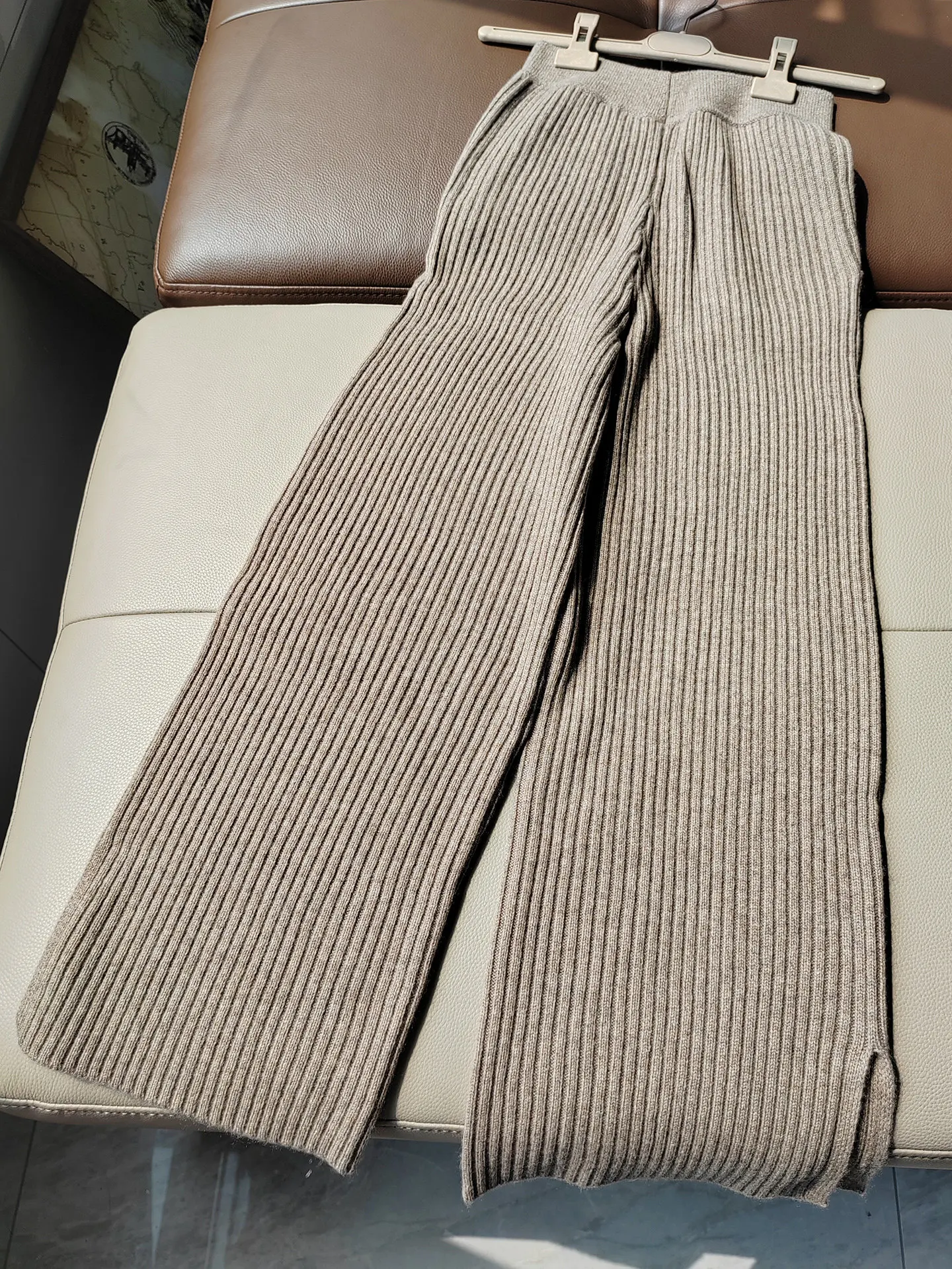 Cashmere Pants, Elastic High Waisted Knitted Pants, Split Casual Pants for Women