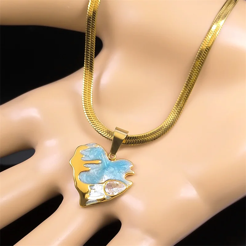 Zircon Colorful Enamel Lava Peach Heart Irregular Pendant Necklace for Women Stainless Steel Clavicle Necklaces Jewelry NZZZ403