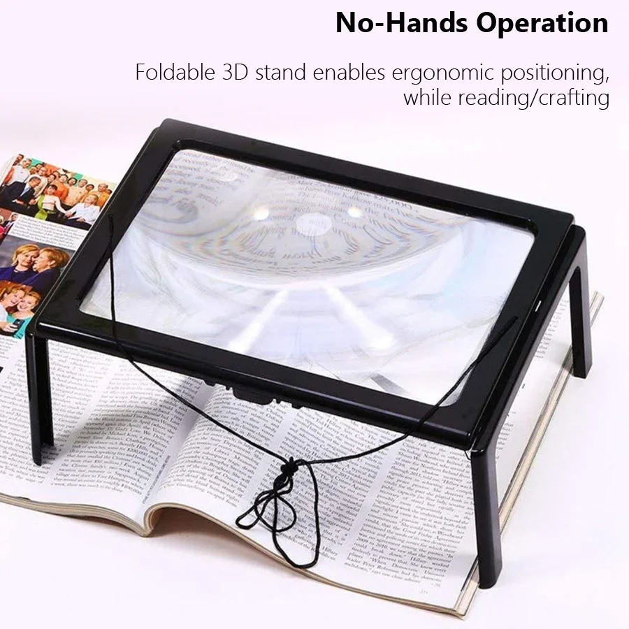 مكبر قراءة A4 3X صفحة كاملة كبيرة قابلة للطي لسطح المكتب عدسة مكبرة مع أضواء LED لكبار السن قراءة كتب منخفضة الرؤية