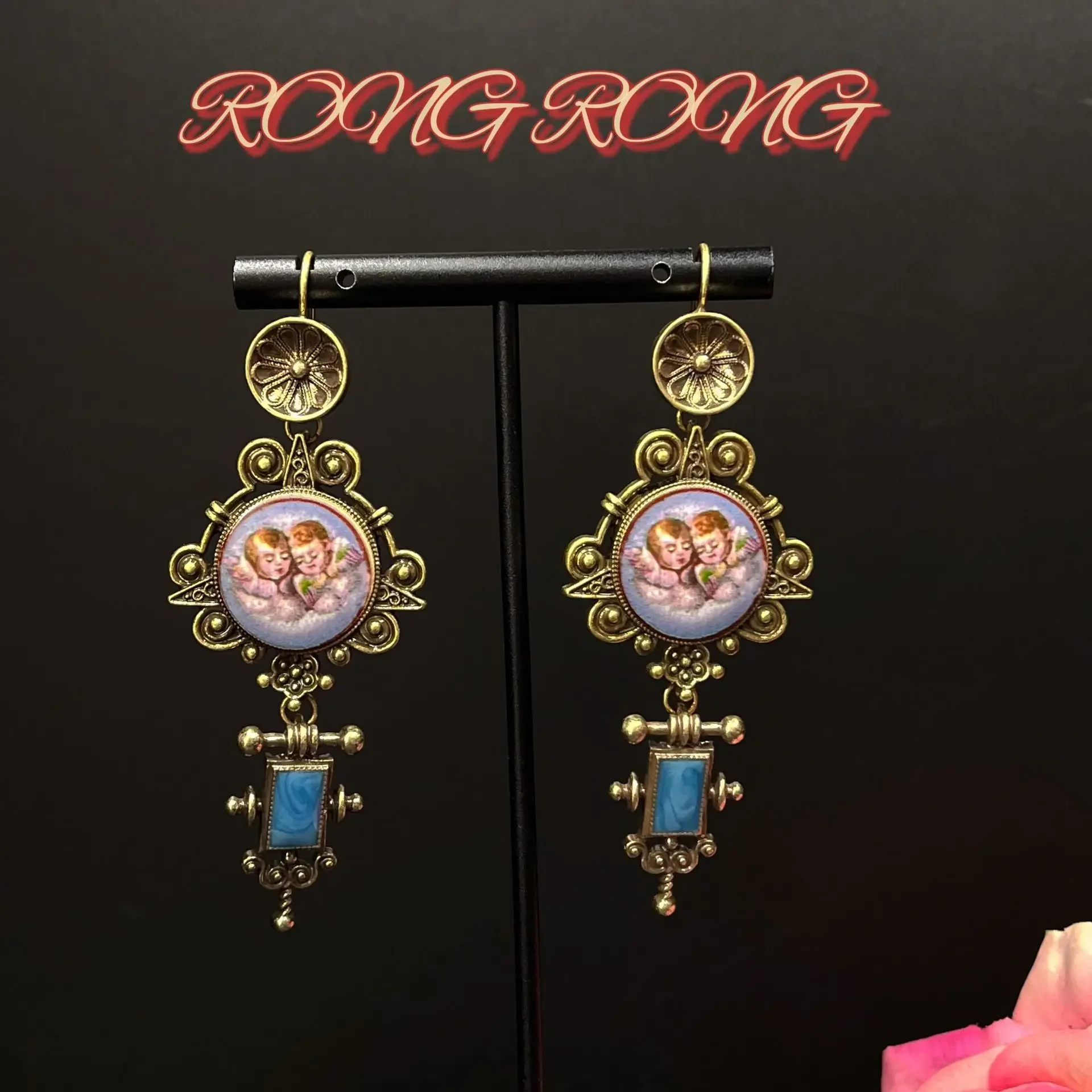 Retro Vintage Western Antique Palace Retro Angel Earrings Heavy Work Old European Exaggerated Earrings