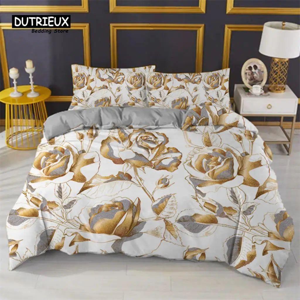 

Golden Rose Floral Bedding Set Queen Romantic Style Fairy Girl Heart Duvet Cover Set Valentine's Day Microfiber Comforter Cover