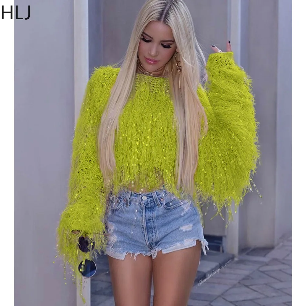 HLJ Fashion Streetwear Women Tassel Knitting Round Neck Long Sleeve Sweater Autumn Casual Solid Color Matching Pullover Top 2023