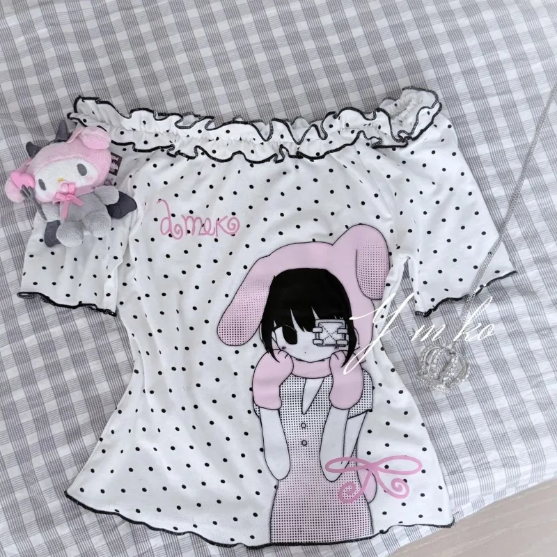 HOUZHOU Y2k White Juminocore Women T-Shirts Kawaii Vintage Polka Dot Off Shoulder Ruffles Tees Japanese Fashion Slim Cutecore