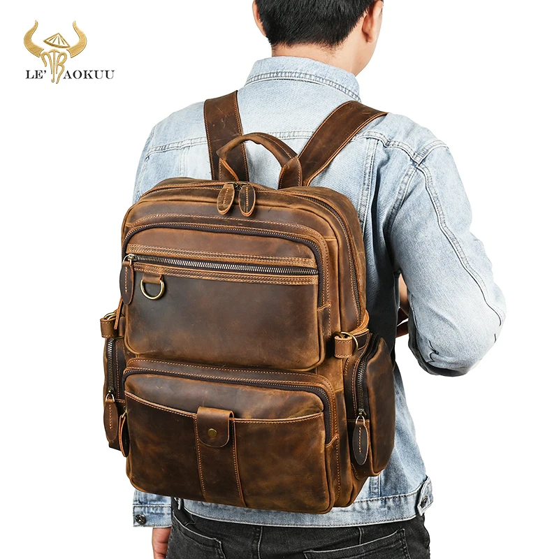 

Men Cattle Crazy Horse Leather Vintage Travel University College School Book Bag Designer Male Backpack Daypack Laptop Bag 2086