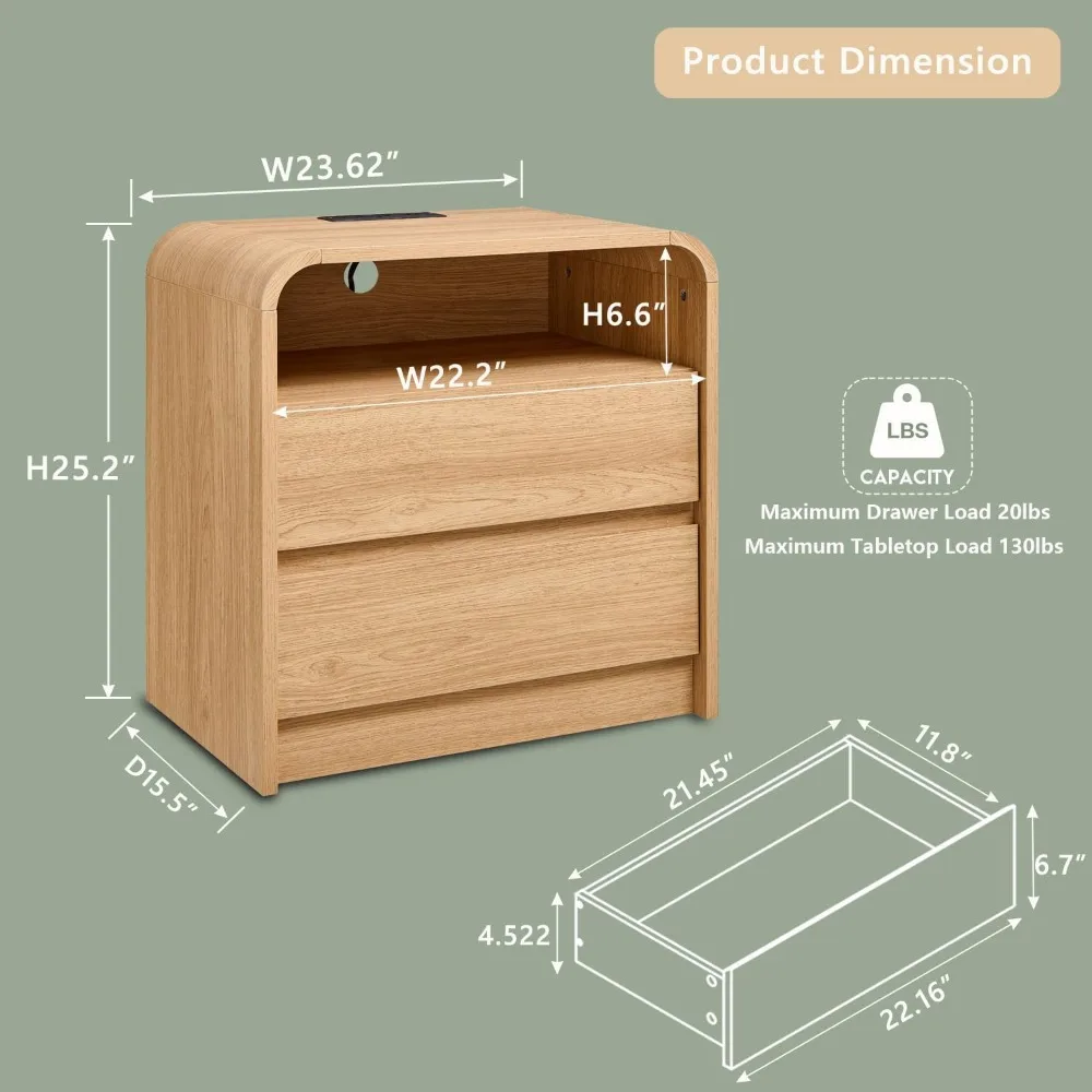 "25 Inch High Modern Nightstand with Charging Dock, 23.6 Inch Wide Wooden Bedside Table featuring Two Storage Drawers, Large Mid