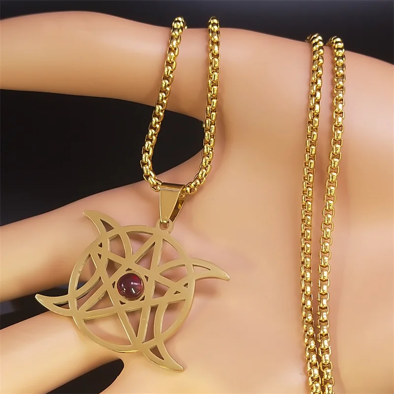 Triple Moon Goddess Necklace Stainless Steel Red Stone Witch Divination Pentagram Necklaces Jewelry collier N8428S02