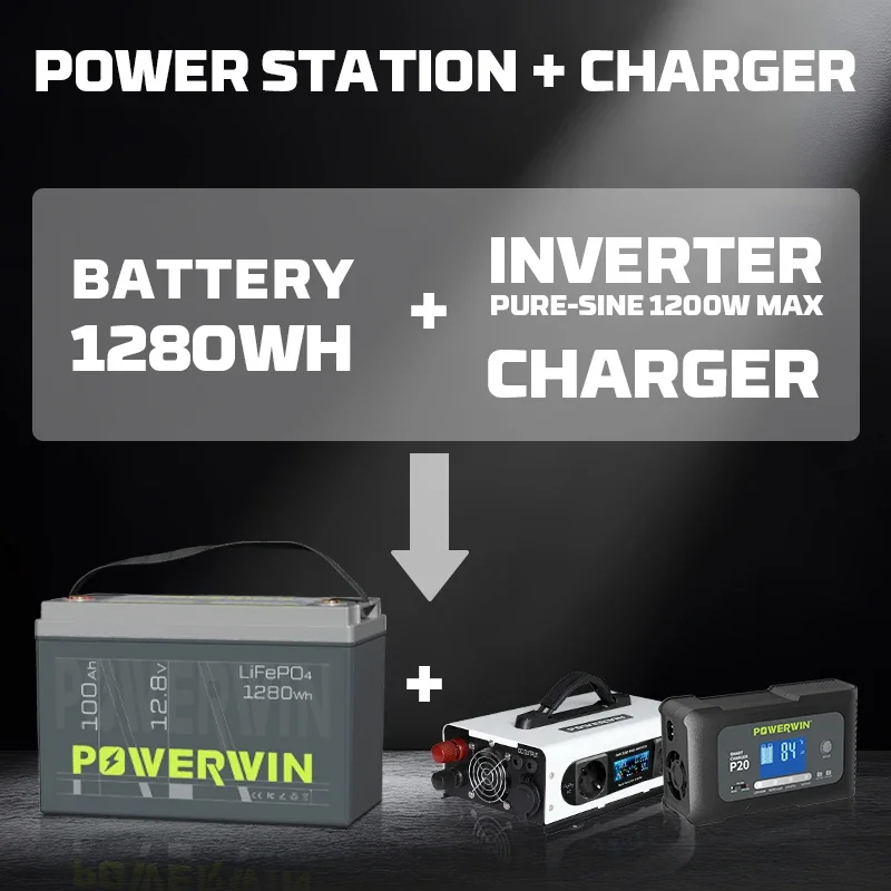 POWERWIN BT100 12.8V LiFePO4 Battery with PI1200 12V Portable Inverter & P20 Smart Battery Charger, Off-Grid Power Solution