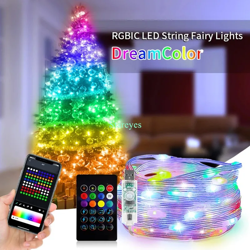 Guirxiété Lumineuse LED RGB Intelligente, USB, DC5V, 5m 10m 15m 20m, IP65, WS2812B IC, Couleur Magique, Bluetooth, Télécommande, Décoration de Noël,