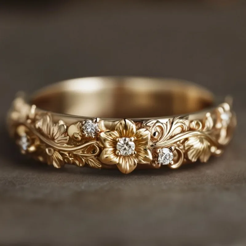 Einfacher, mit weißen CZ-Blumen eingelegter Damenring, klassische Goldfarbe, handgeschnitzt, für den täglichen Gebrauch, Partyschmuck, Jubiläumsgeschenk