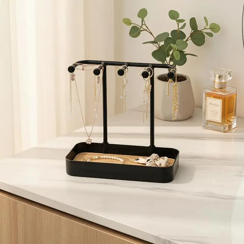 Fashion Portable Jewelry Display Rack Earrings Necklaces Storage Rack Key With Wooden Base Hanging Holder Desktop Organizer