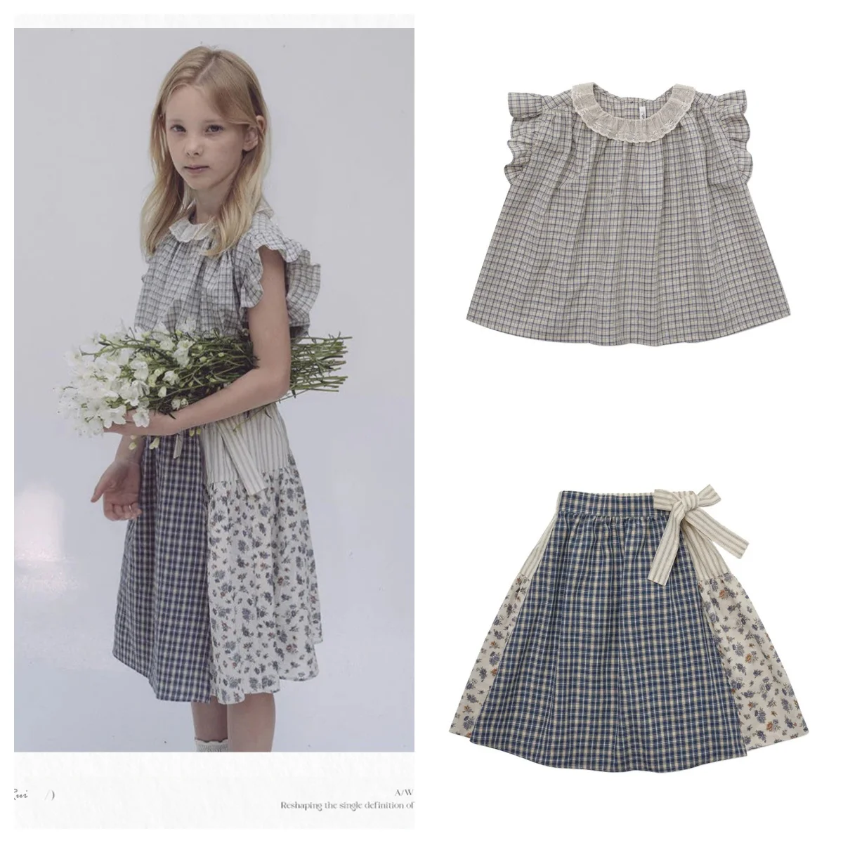 

2025 Summer Girls' Primary And Secondary School Plaid Shirts With Small Flying Sleeves And Plaid Floral Patchwork+Half Skirt Set