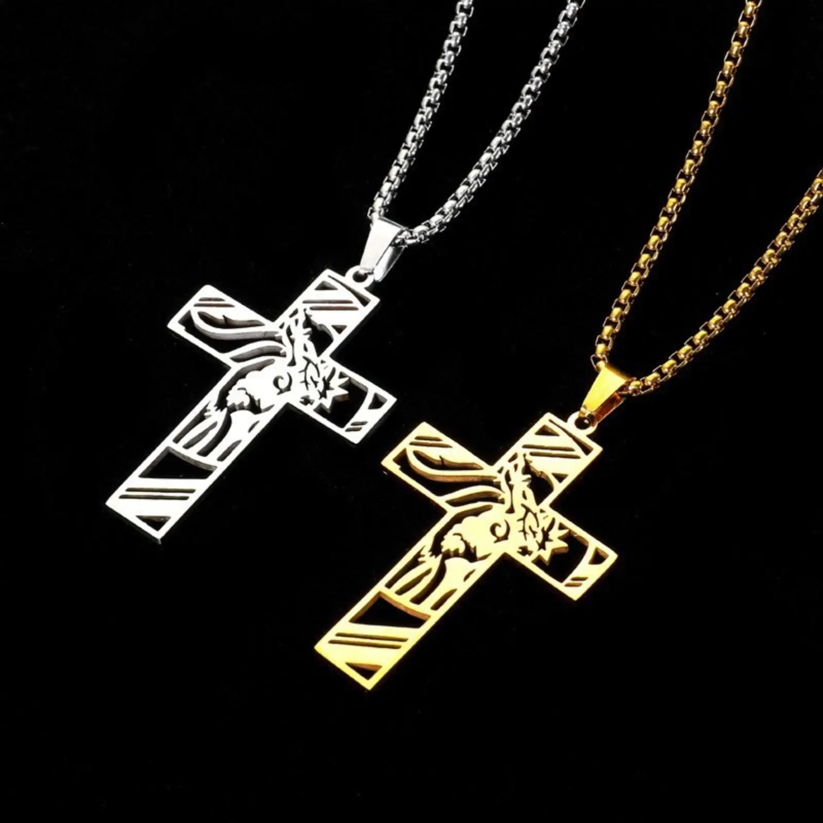 Jesus-Kreuz-Halskette aus Edelstahl mit Dornenkrone-Anhänger, religiöser christlicher Halsketten-Schmuck für Männer, Geschenk – Detail 3
