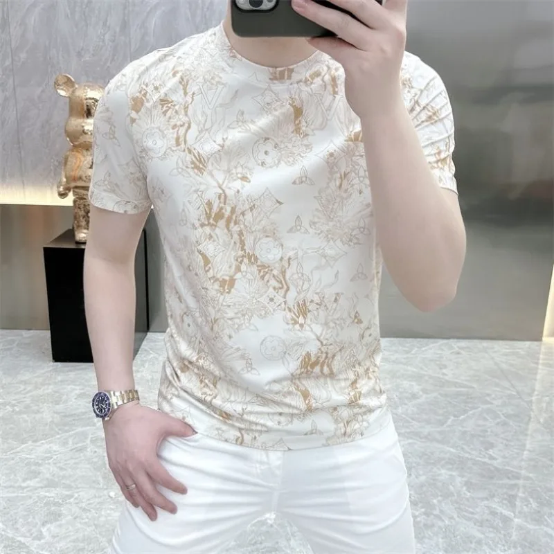 

Trendy Minimalist High Street Summer T-Shirts Men's Ice Silk O-Neck Printing Breathable Korean All-match Slim Short Sleeve Tops