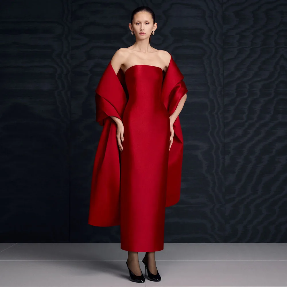 

Customized Prom Dress Column Strapless Ankle Length Satin Modern Evening Dresses with Shawl Burgundy Simple Formal Party Dresses