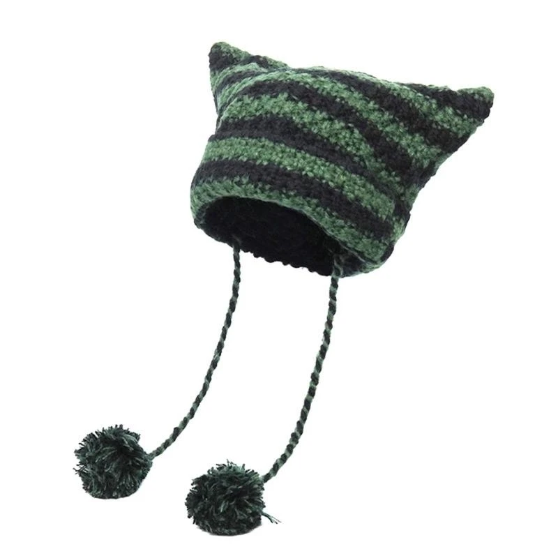 400A High Elastic Windproof Ear Hat Knitted Stripe Pattern Hat for Women Men Keep Ear Warm Hat with Pom Pom Decor