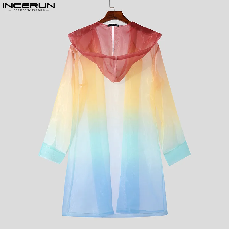 American Style Handsome New Men Gradient Mesh Hooded Cardigan Trench Casual Sexy Male Hot Selling Trench S-5XL INCERUN Tops 2023