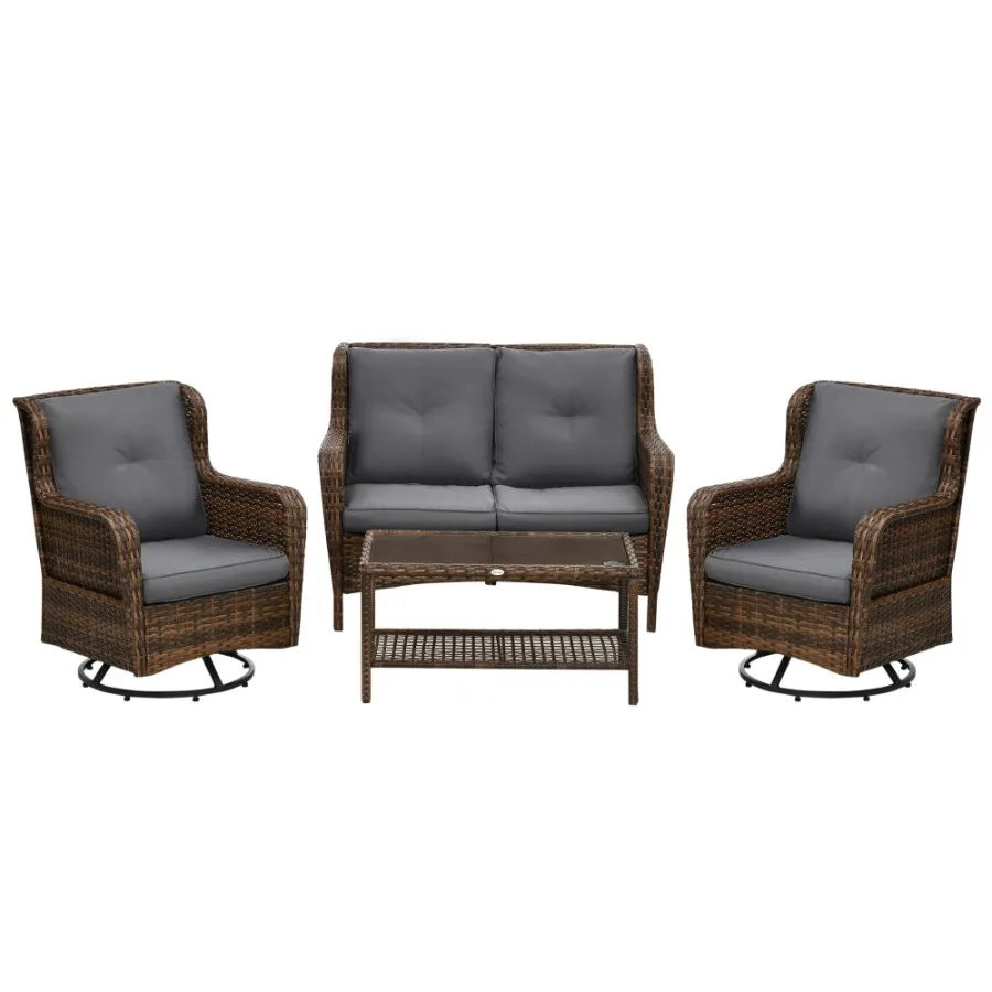 

4 Piece Rattan Couch with 2 Swivel Rocking Chairs 2Tier Glass Table and Sofa AllWeather PE Set for Garden Patio Gray