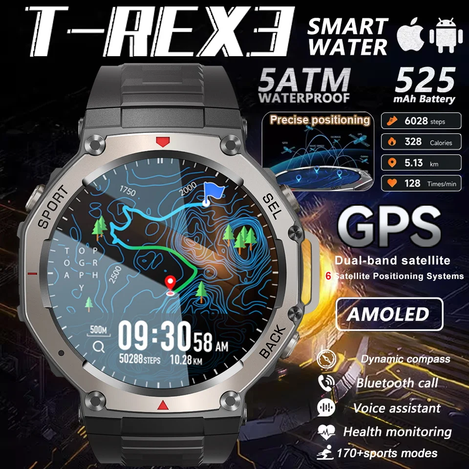 

New T-Rex 3 Dual-Band GPS Military Smart Watch 10ATM Water-Resistant 500mAh Battery Compass Altimeter Bluetooth call Smartwatch