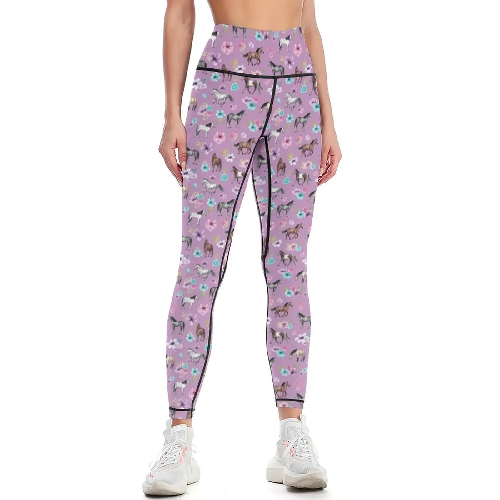 Horses and Flowers Print, Horse Decor, Light Purple, Pony, Floral Leggings Women's sportswear Sports pants for Womens Leggings