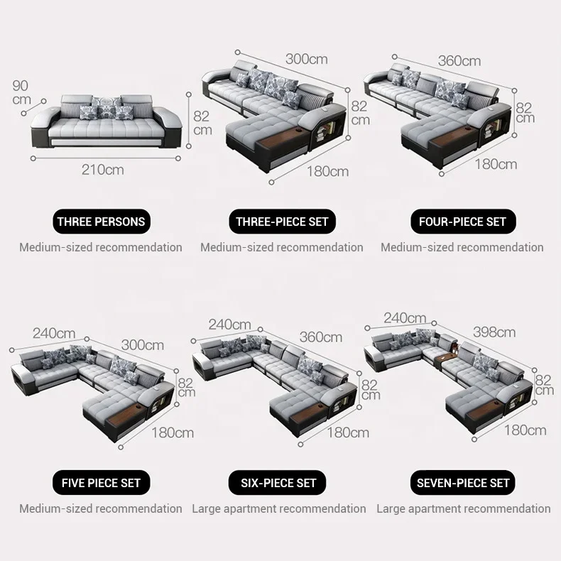 Nowa dostawa nowoczesna wielofunkcyjna regulowana w kształcie litery U 7-osobowa narożna tkanina Usb do ładowania Sofa dla meble do salonu