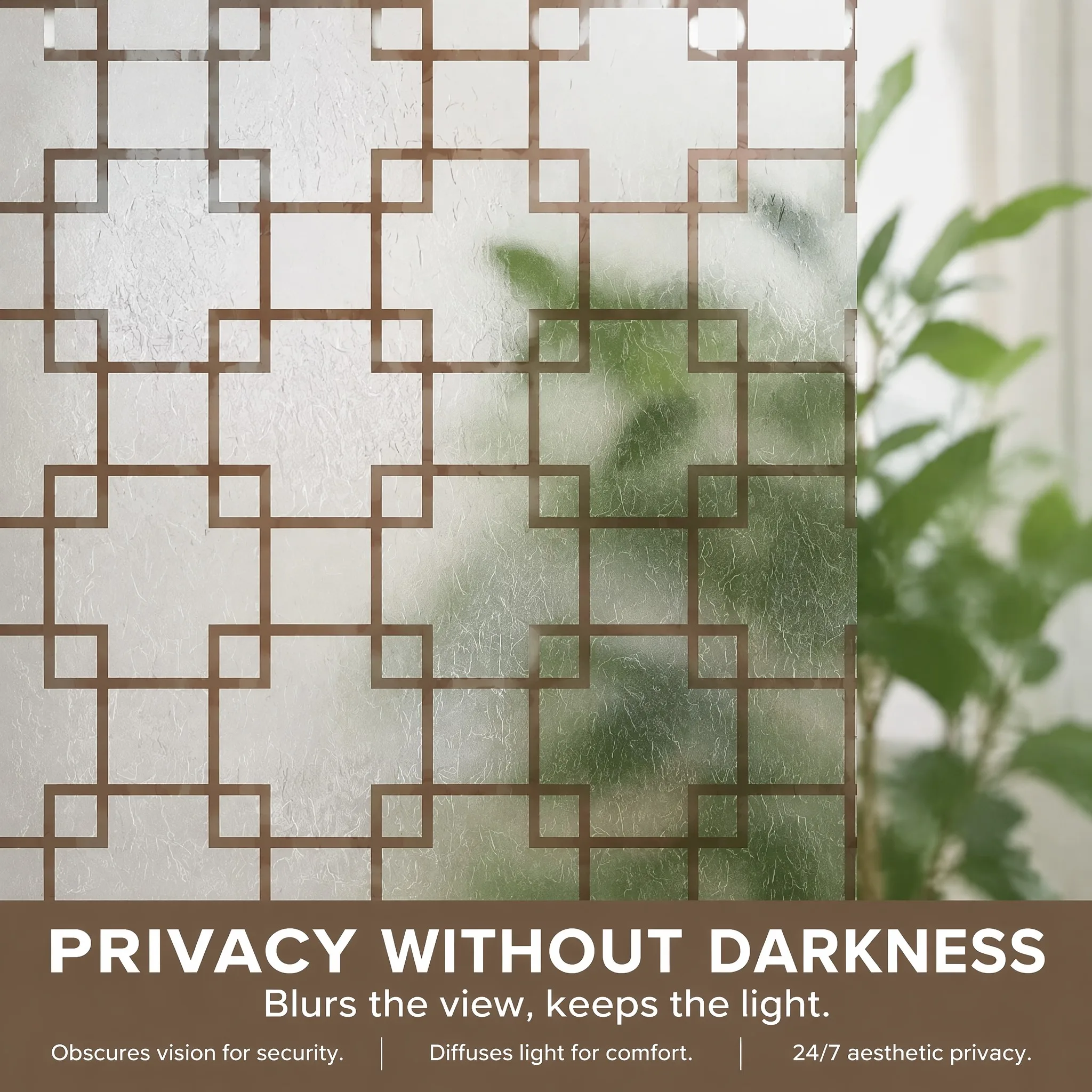Self-Adhesive Modern Chinese Hui Grid Frosted Window Film, Scratch Resistant Thick Fiber Texture, Removable No Residue Privacy