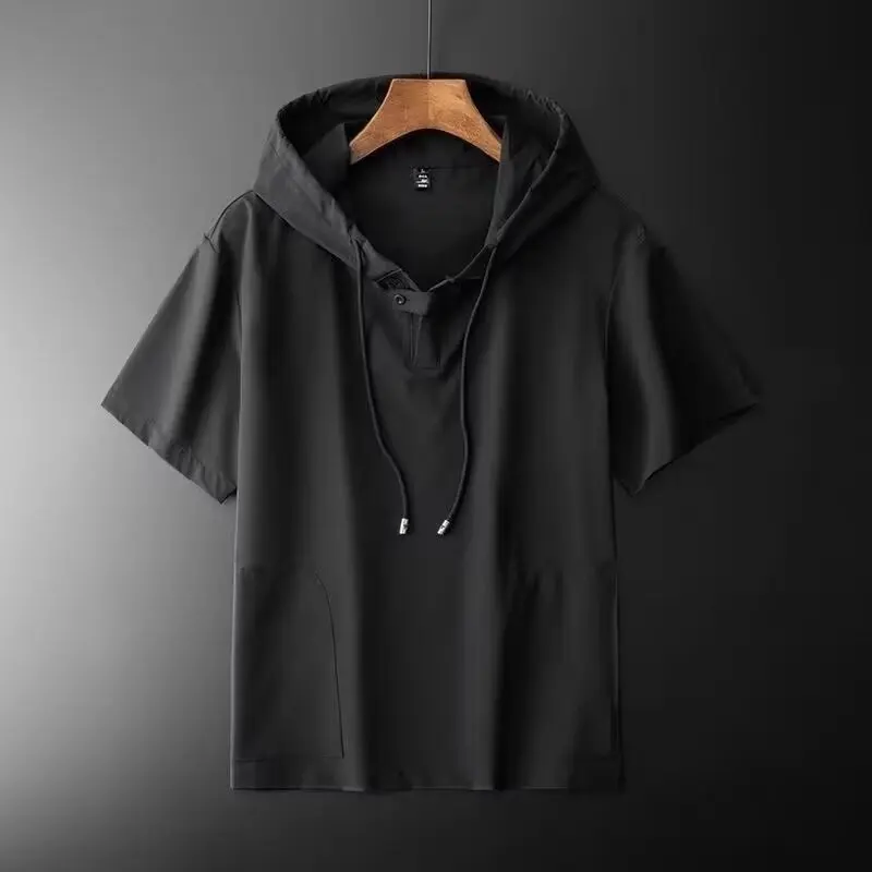2026 Men's Summer Hooded Short Sleeve T-Shirt Men's Ice Silk Five-quarter Sleeve Thin