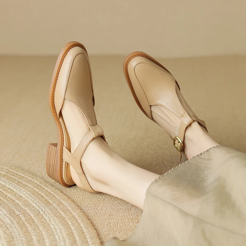 2023 Women Retro Sandals Shoes 4cm Thick Heels Genuine Leather Casual Style Shoes Women Elegant Sandals Casual LX72