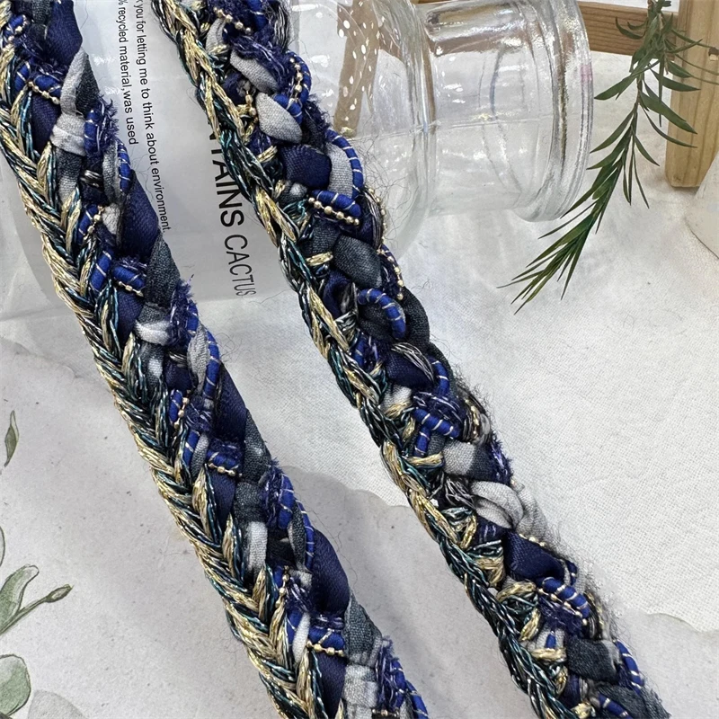 1.5cm Wide Handmade Black Blue Ribbon with Gold Thread Weaving Tweed Lace Clothing Color Matching Edge Pressing Strip Webbing