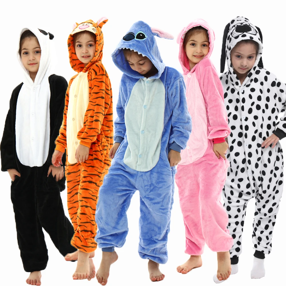 

Winter Kids Stitch Flannel Pajama Children Tiger Dalmiton Panda Cartoon Sleepwear Boy Girl Animal Kigurumi Onesie Christmas Gift