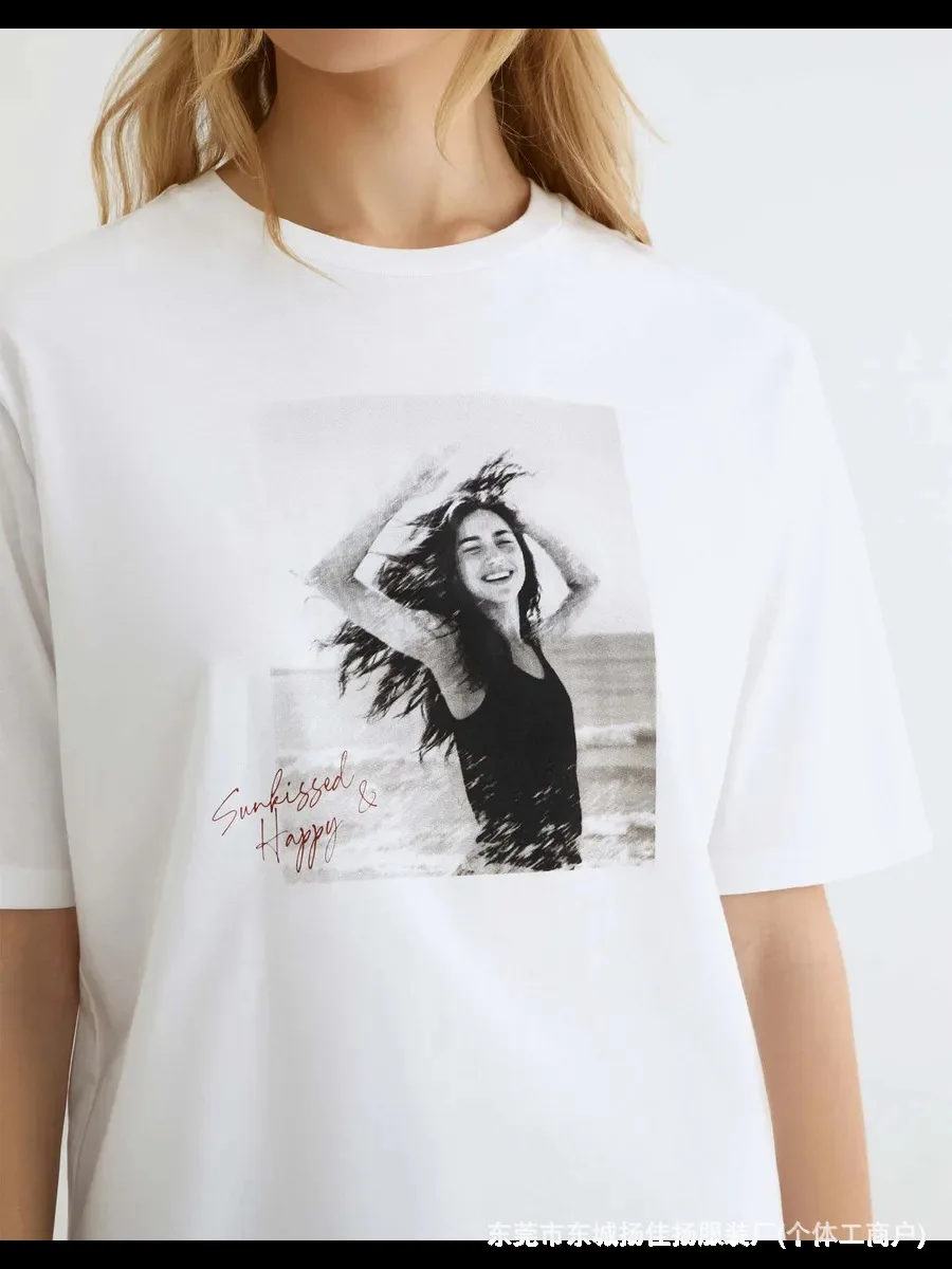 Sunkissed & Happy White Oversized Cotton T-Shirt Trendy Beach Portrait Graphic Casual American Chic Aesthetic Elegant Women Lady