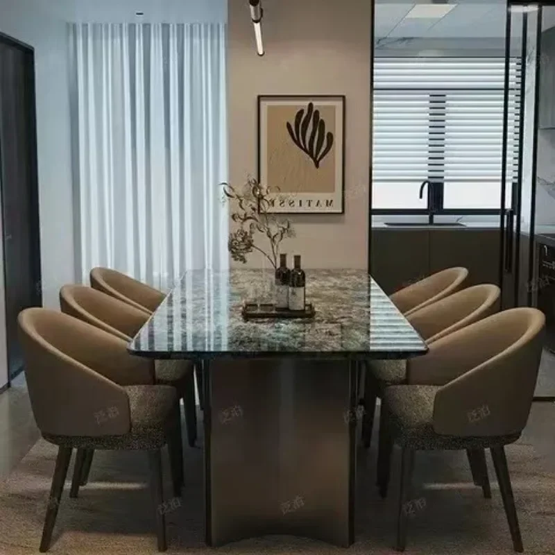 Modern Simple Marble Blue Small Rectangular Dining Table Load Bearing Smooth Surface Adjustable Feet Solid Construction