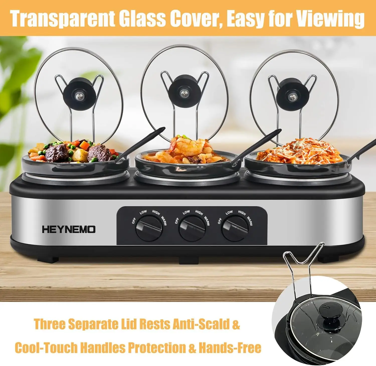 Dreifach-Schongarer, 3 * 1,5 Quart Buffet-Server und Wärmer, 3 Töpfe Buffet-Schongarer, verstellbare Temperaturdeckelstützen aus Edelstahl