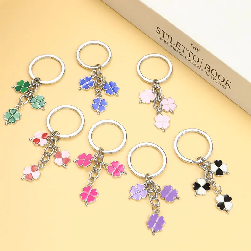 Colourful Four-leaf Clover Enamel Keychain Couple Friend Fashion Trinket Bag Keys Good Fortune Pendant Lucky Grass Alloy Keyring