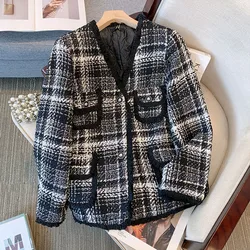 160Kg Plus Size Women's Bust 157 Autumn Winter Loose Small Fragrant Coat Thickened Thousand Bird Checker Top Black 8XL 9XL 10XL